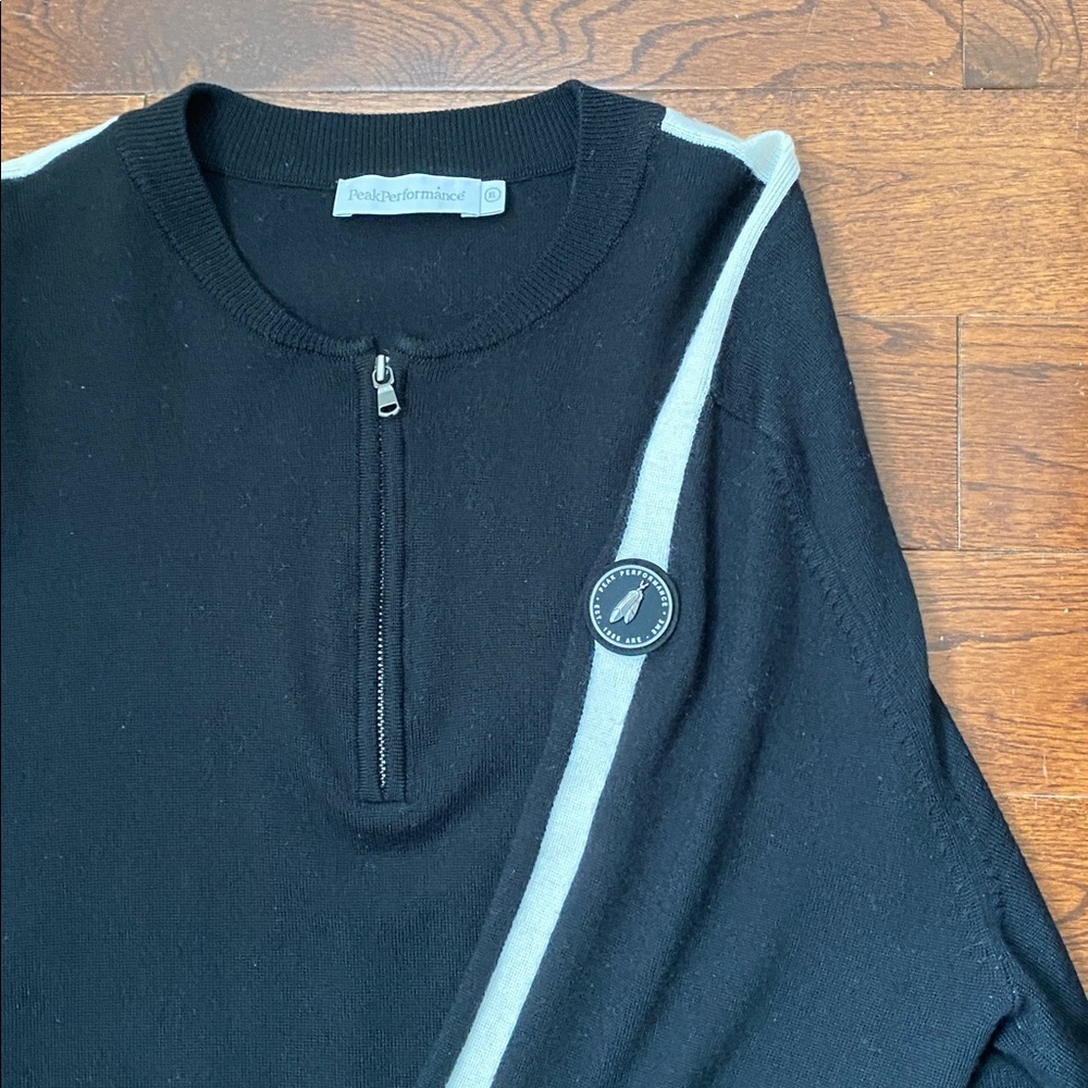 Peak Performance Half-Zip Ski Sweater Size XL Black + Off-White Stripes Merino - Picture 6 of 12
